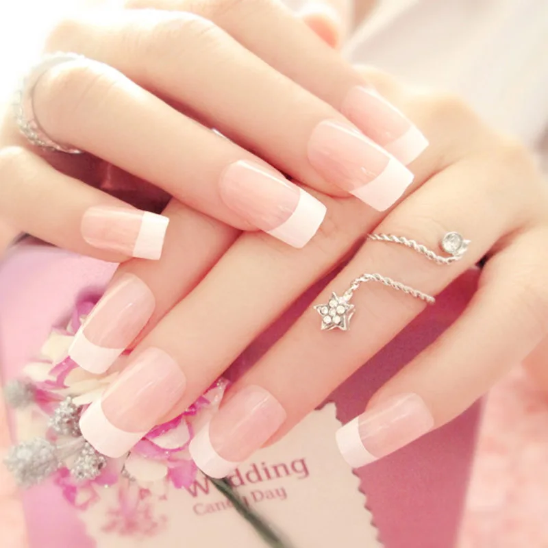 

24 Pcs/Set False Nails French Long False Nails With Glue Wedding Bride Party Ladies Fake Full Nail Tips Mixed Size FM88