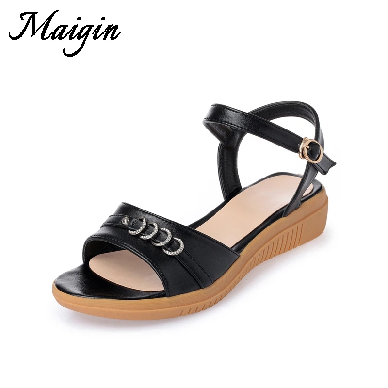 Maigin Big Size Summer Sandals 2018 Handmade Genuine Leather Women Wedge Sandals Crystal Casual Comfortable Summer Shoes Women