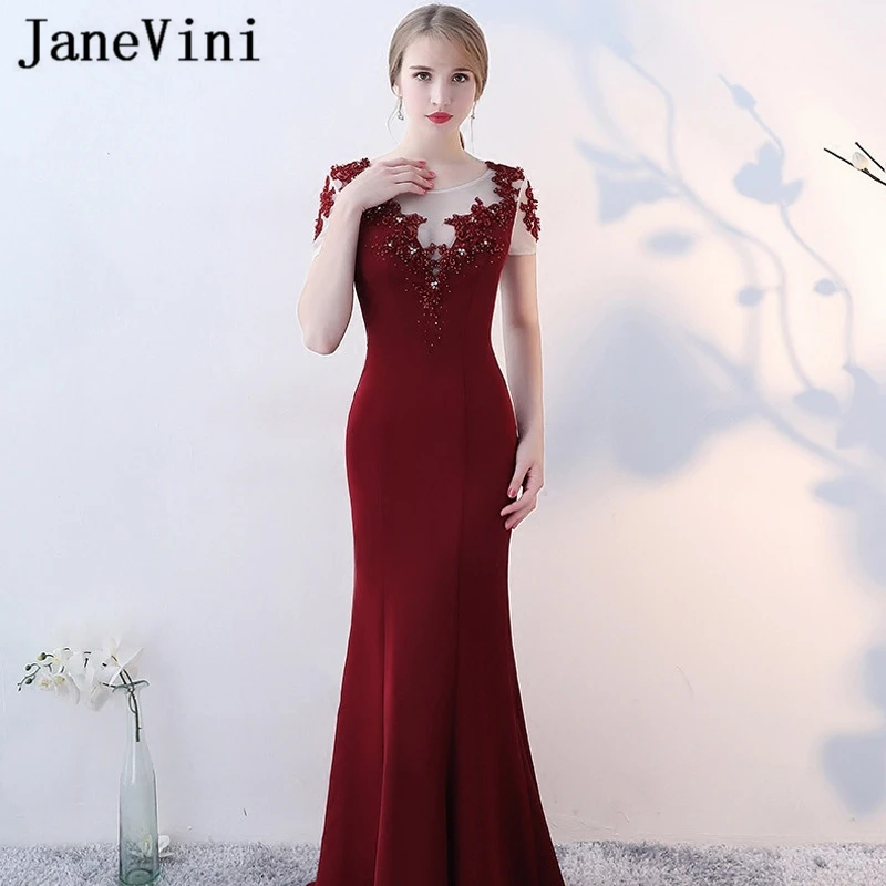 

JaneVini Vestidos Burgundy Mermaid Mother of Bride Dress Sheer Scoop Neck Lace Appliques Beaded Satin Sweep Train Lange Jurken