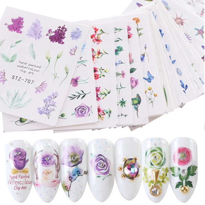 

24pcs Nail Sticker Flower Elegant Watermark Slider Sets Colorful Polish Decals Wraps for Manicure Nail Art Accessory
