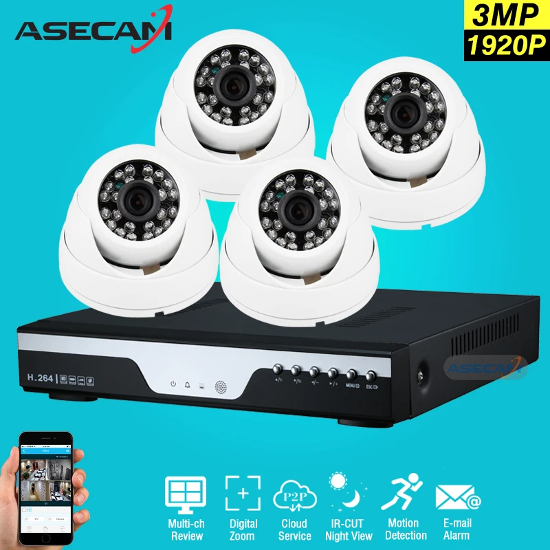 

4ch HD 3MP CCTV Surveillance Kit DVR H.264 Video Recorder AHD indoor White Dome 1920P Security Camera System Motion detection