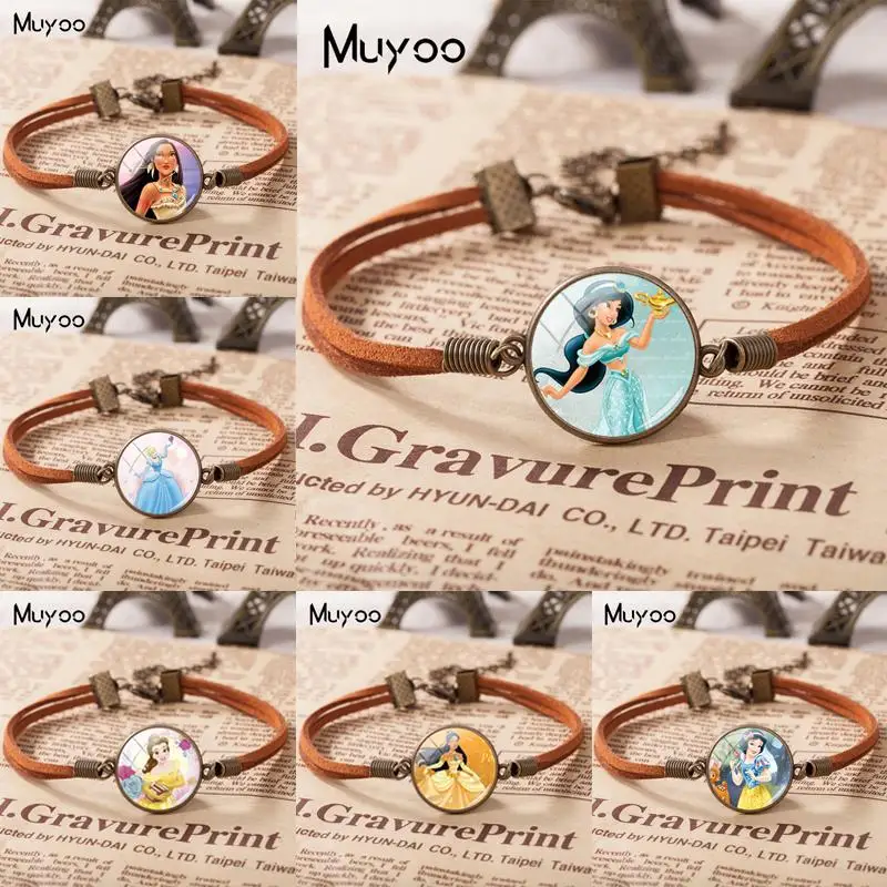 

2019 New Beauty Leather Bracelet Princess Bracelets Glass Dome Jewelry Little Mermaid Leather Bracelets
