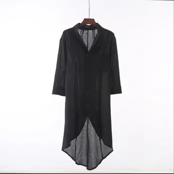 

Spring and summer men's long section of cotton and linen Slim shirt tide personality irregular long linen collar shirt tide