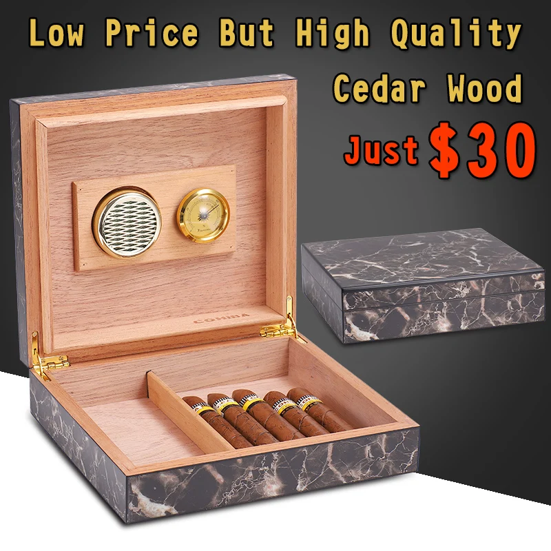 COHIBA High Quality Cedar Wood Cigar Humidor Marbling Finish Travel Cigar Box W/ Humidifier Hygrometer Holds 30 Cigars