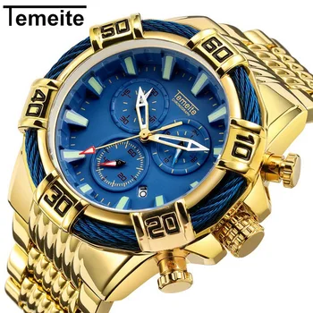 

TEMEITE Military Big Size Quartz Watch Men 3 Sub-dial 6 Hands Chronograph Golden Stainless Steel Strap Top Brand Luxury Clock
