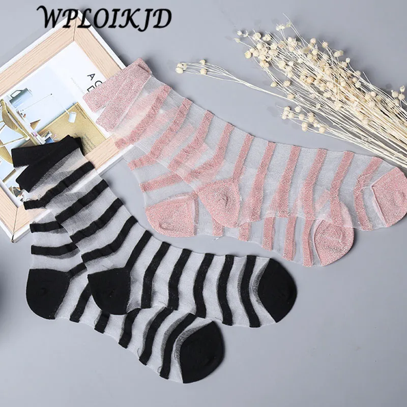 

[WPLOIKJD]Creative Ultra-thin Transparent Glitter Striped Shining Socks Women Princesses Lace Sox Meias Sox Calcetines Mujer