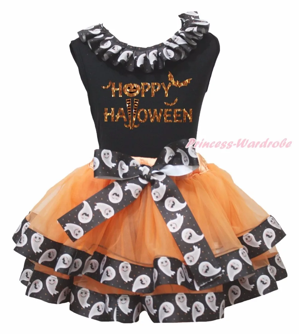 

Bling Happy Halloween Black Shirt Ghost Ribbon Orange Petal Skirt 1-8y