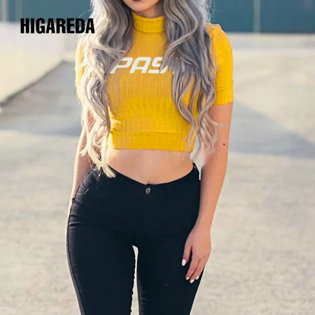 

Short Sleeve Summer T Shirt Turtleneck Bodycon Skinny Crop Tops Tee Shirt Woman Printed Letter Elegant Fashion Tshirt