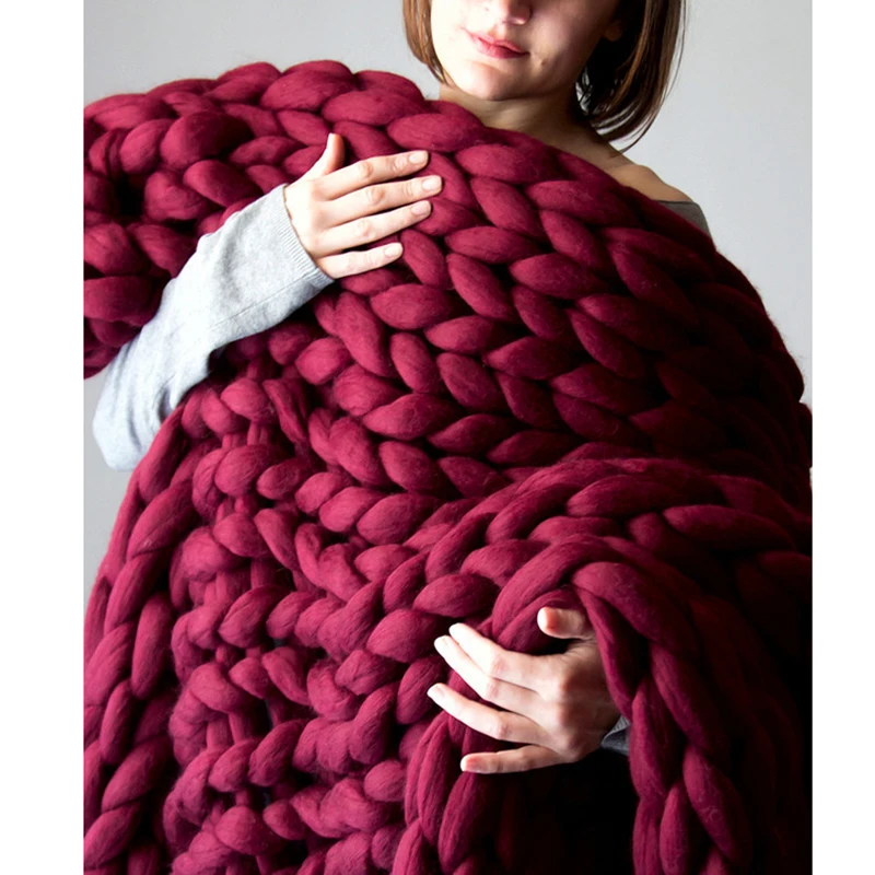 Yarn Home Handmade New Blanket Chunky Throw Knit Soft Wool Sofa Thick Line Decor 
