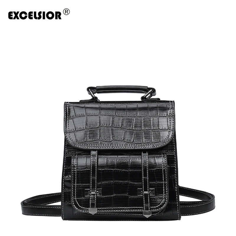 

EXCELSIOR Vintage Small Square New Black PU Leather Women's Backpack High Quality Alligator Print Girl's College Style Bags