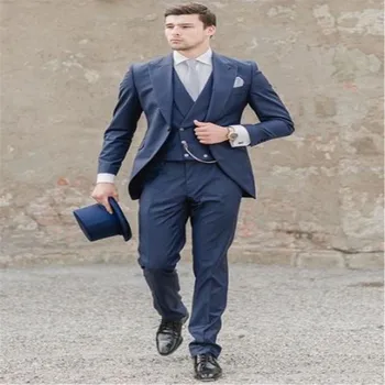 

2018 Navy Blue Customized Latest Italian Style Slim Lapel Men's Wedding Prom Fashion Classic Suit Dress Unique Design 3 Piece