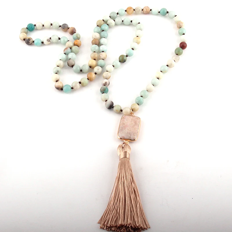 Модное богемное этническое ювелирное изделие из натурального камня с узлом, бежевое ожерелье с кисточкой, женское этническое ожерелье