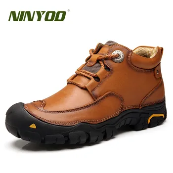 

NINYOO New 100% Genuine Leather Boots Men Outdoor Winter Ankle Antislip Waterproof Wearproof Rubber Motorcycle Footwear For Man
