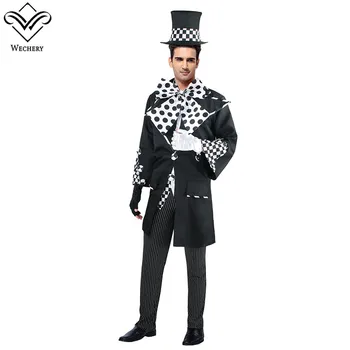 

Wechery Plaid Costume Novelty Magician Halloween Costumes Set Black Jacket Vest Pant Hats with Big Bowtie