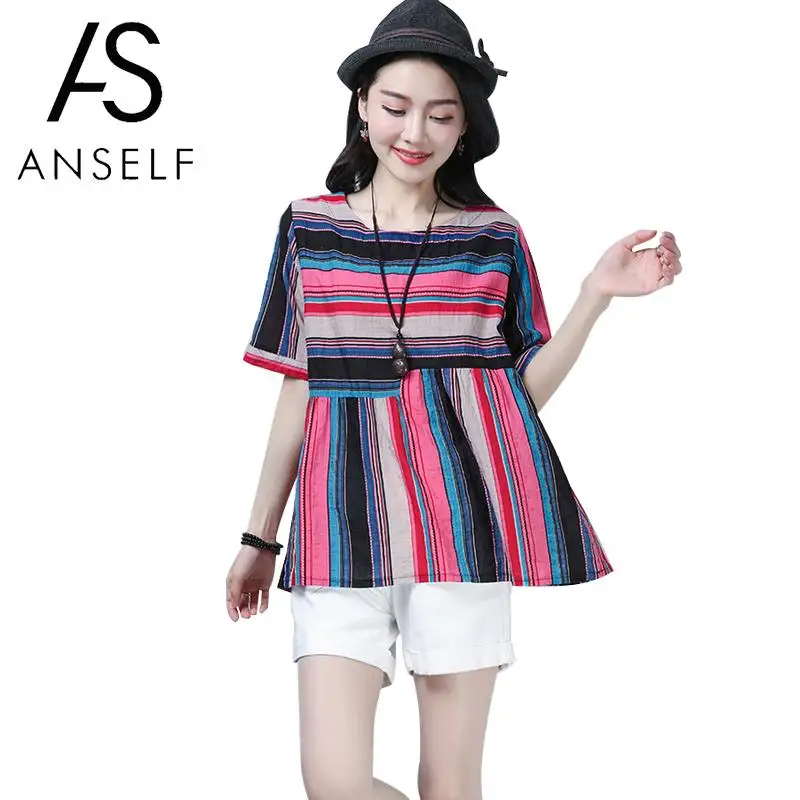 

Anself Women Cotton Linen Blouse Colorful Stripes O-Neck Half Sleeve Blusa Feminina Casual Loose Summer Shirt Tops Orange/Pink