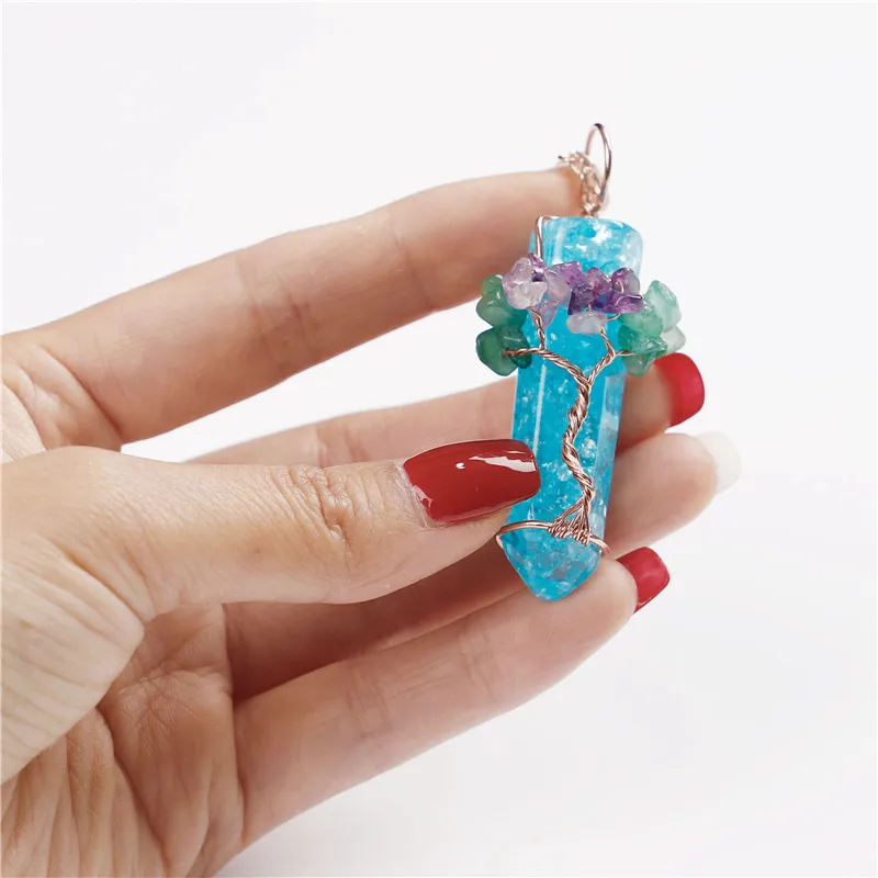 

Fashion Blue Imitation Opal Resin Pendant Necklaces for Women Tree of Life Stone Charms Copper Wire Wrapped Necklaces Party