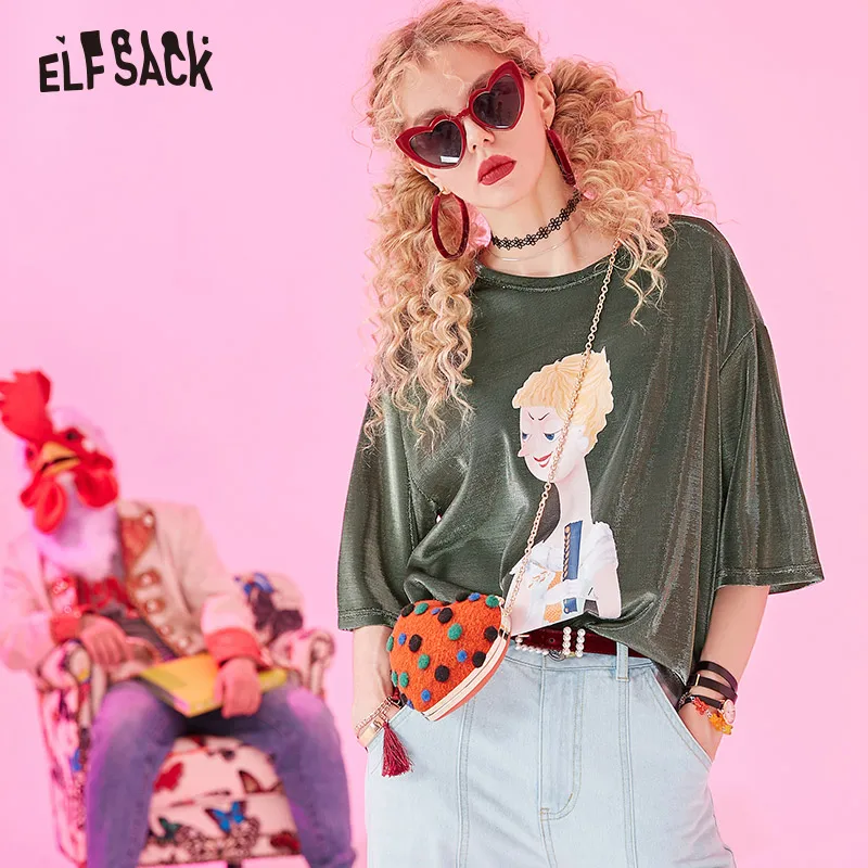 

ELF SACK Casual Cartoon Print Women Tops Vintage Loose Glitter Female T-shirt 2019 New Fashion Streetwear Femme Tee T-shirts