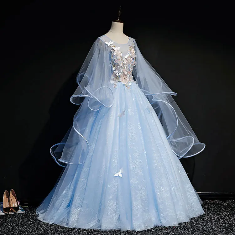 

J Light Blue Butterfly 3d Embroidery Ball Gown Cartoon Vintage Medieval Dress Renaissance Princess Fairy Costume Victoria Dress