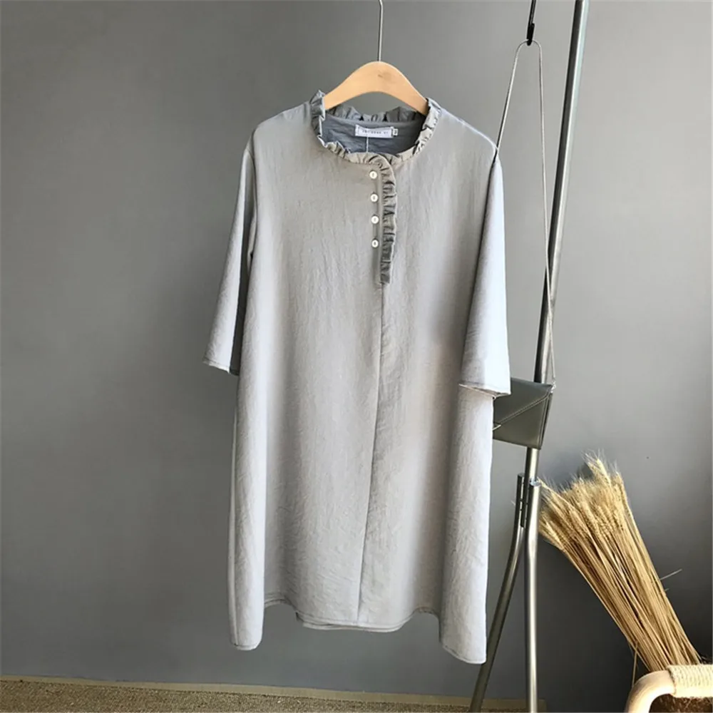 Elegant Solid Pleated O-Neck Loose Dress Vestidos 2018 New Fashion Womens Straight Dress Half Sleeve Summer Loose Dress (5)