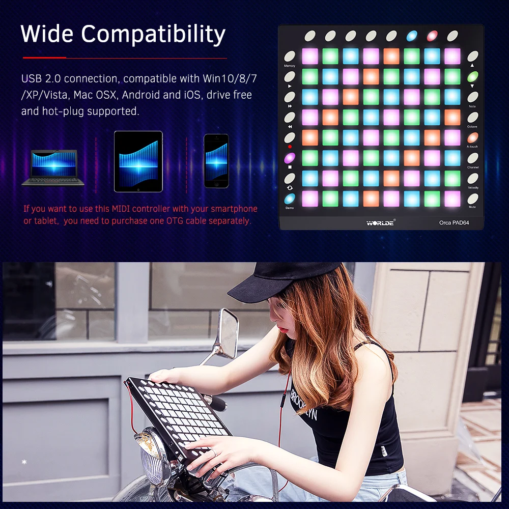 Портативный USB MIDI контроллер WORLDE орка 64 RGB подсветки 24 кнопки встроенный звуковой