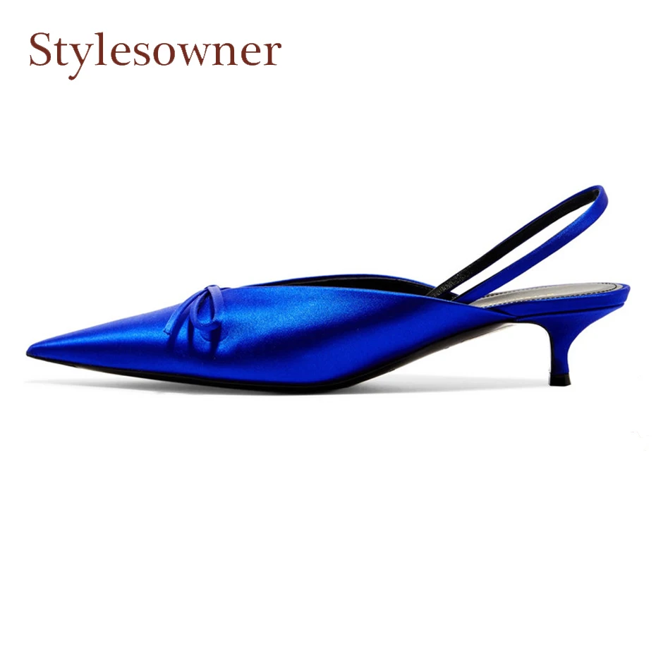 

Stylesowner satin bowtie high heel ladies shoes stiletto heel pointed toe shallow genuine leather slingback party wedding pumps