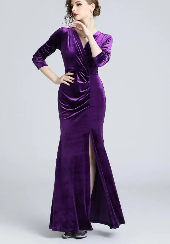 

Free Shipping 2019 Spring Hot Sale Elegant Deep V Collar Solid Color Jag Woman Velvet Long Formal Dress