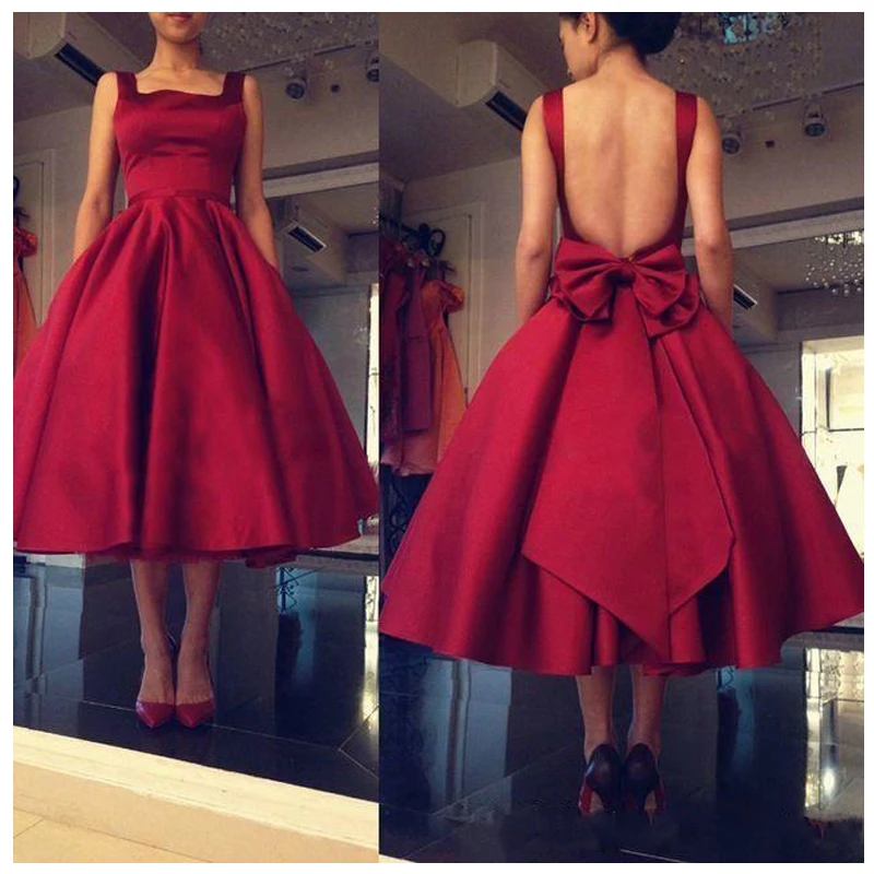 

Elegant Red Strapless Prom Gowns Big Bow Spaghetti Strap Evening Gowns Backless Mid-Calf Formal Party Dresses Custom Made