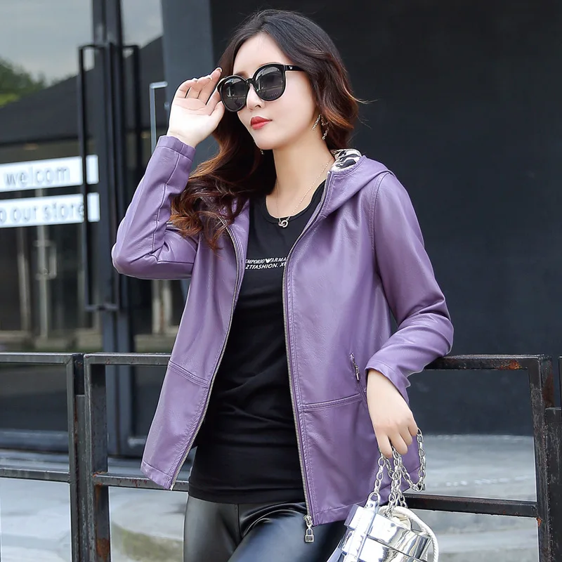 Grande Décontracté Faux Cuir Veste 2019 Capot pourpre En Lâche À Pu Manteau Vestes Noir Violet Capuche Taille Automne Courte bourgogne Femmes Printemps Lxmsth qTn684t