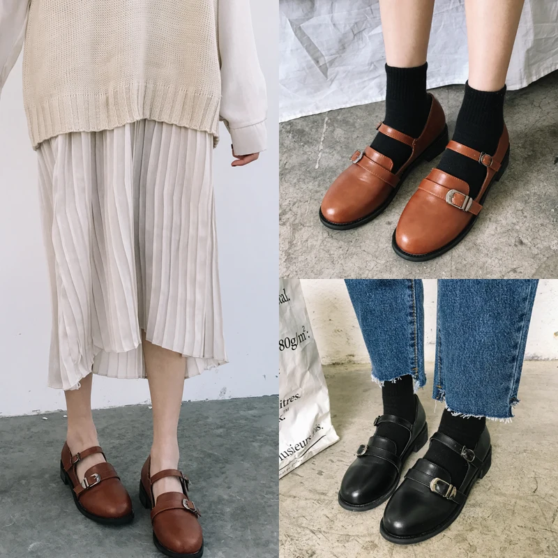 

Student Shoes Lady College Girl Uniform Shoes Monk Straps Shoes Block Heels Mary Jane Shoes