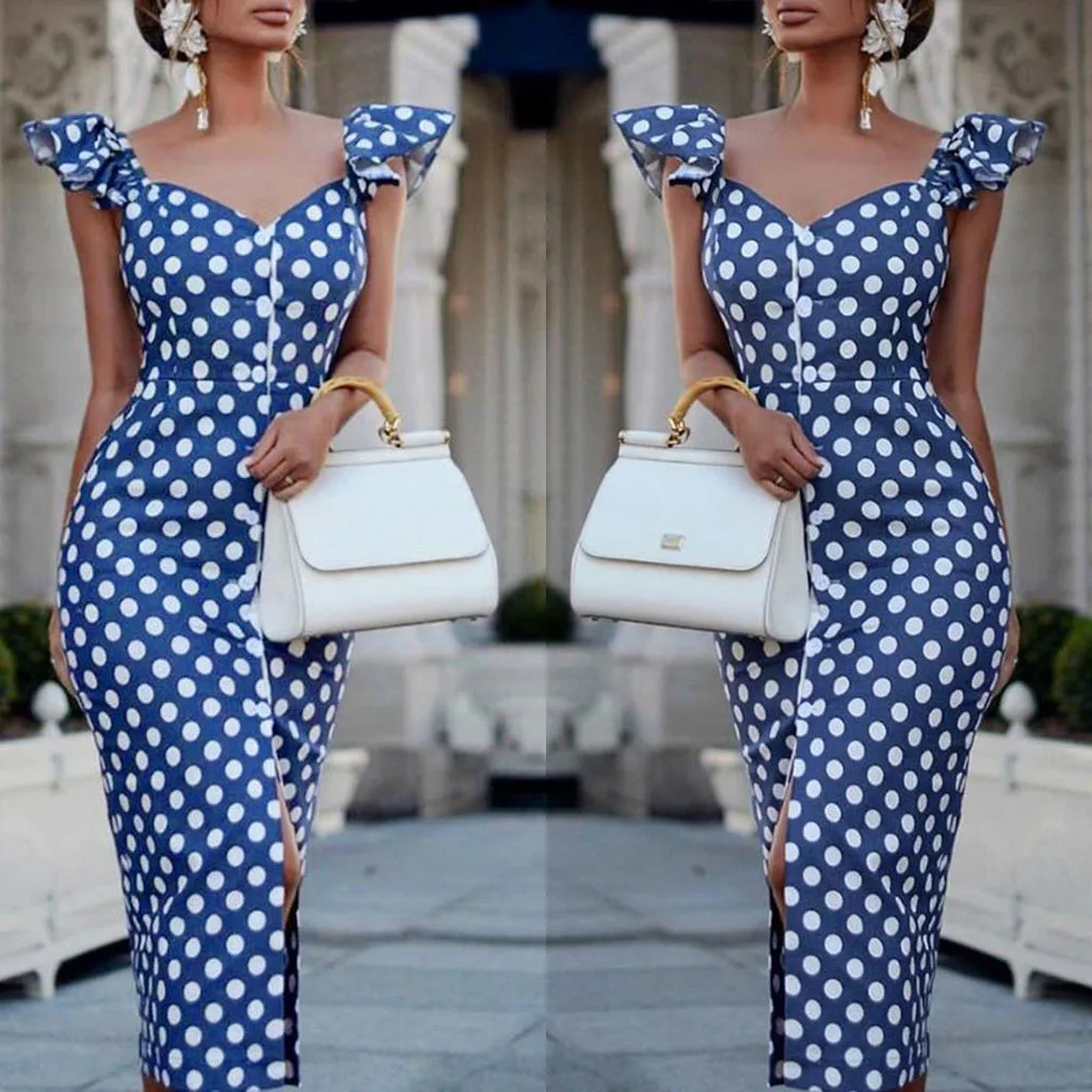 

Dress women summer 2019 dress women Fashion Sleeveless Plus Size V-Neck Slim Dot Fork Bodycon Dress Y613