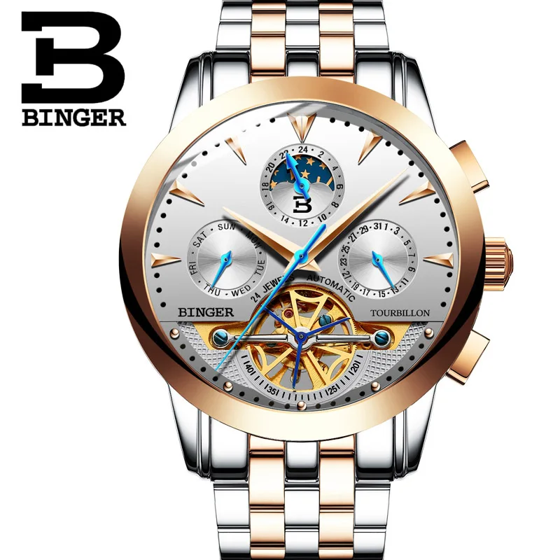 Tourbillon Men Top Luxury Brand Watches Automatic Mechanical Watch Stainless Steel Waterproof BINGER relogio masculino B-1188G - Цвет: 05