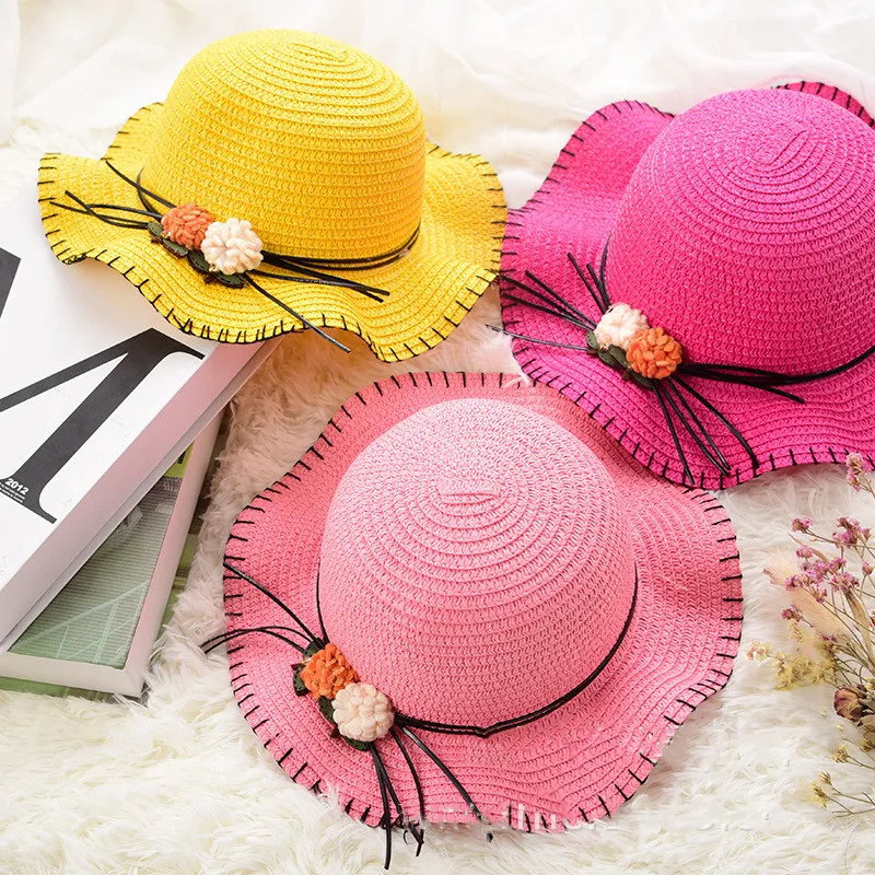 

baby Large wave Brim Straw hat floral Bowknot Sun Hat Kids Child Girls Beach Summer Boater Beach Round flower Top fedora hat