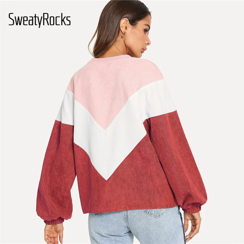 SweatyRocks عارضة Colorblock أسقف كم كودري البلوز طويل كم جولة الرقبة البلوفرات 2018 الخريف النساء بلوزات