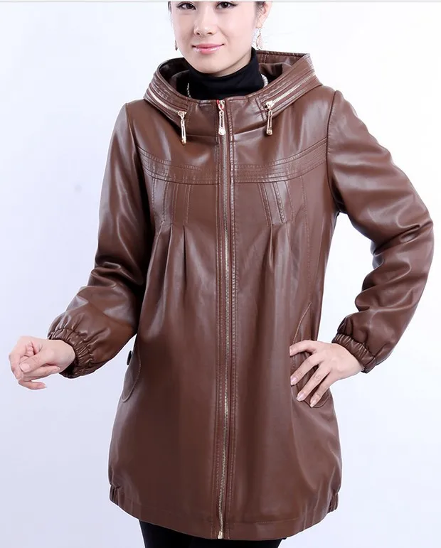 Big size 5XL long leather jacket women winter and autumn 2018 leather