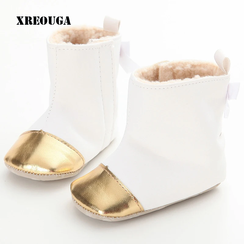 Winter Thicken Girl Fashion Baby Snow Boots Gold Silver Patch Plush Warm Bowtie Newborn Infant