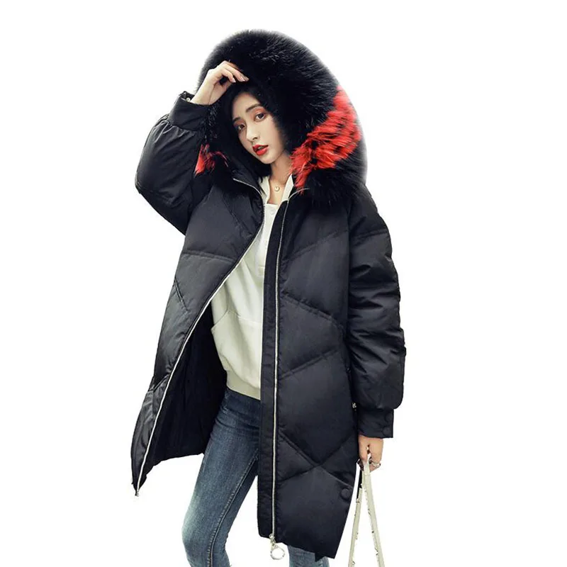 Новые модные зимние Для женщин пуховик 90% Белое пуховое пальто большой натуральный мех енота с капюшоном теплая длинная парка