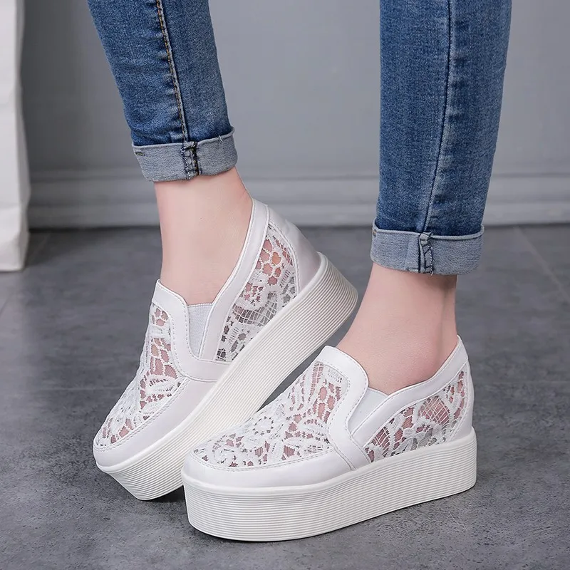 

Women Shoes Woman Sneakers Breathable Mesh Flats Lace Loafers Thick High Heels Platform Elevator Shoes Comfort Ladies Creepers
