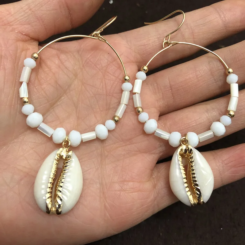 

Bohemian Hyperbole Big Circle Dangle Earrings for Women Sea Shell Statement Drop Earrings Round Ear Stud Gold Summer Jewelry