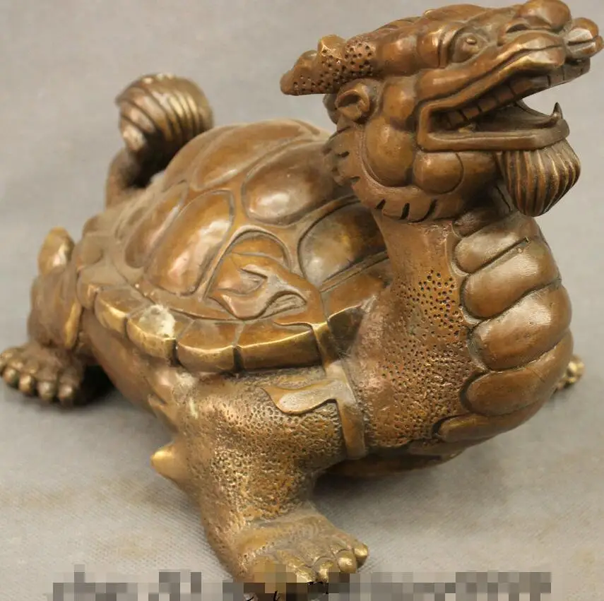 

88006273<<<10" Folk Chinese Bronze Copper FengShui Longevity Dragon Turtle Statue Sculpture