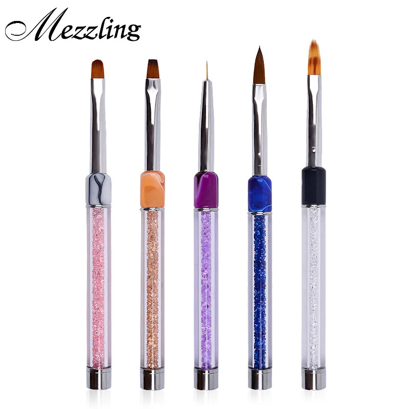

New 1Pcs Rhinestones Marble Handle Nylon Hair Gradient Nail Art Brush 3d Pen For UV Gel Polish Drawing Liner Sculpture Nail Tool