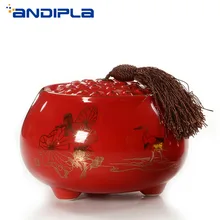 Китайский красный глазури Чай Caddy керамика с ручной росписью лотоса Чай банок кунг-фу Чай комплект банки для хранения в форме тыквы хранения Jar Кофейные зерна герметичный резервуар