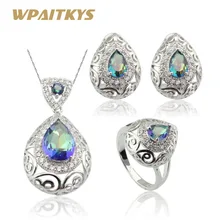 WPAITKYS разноцветный синий Радужный серебряный цвет комплекты украшений для женщин серьги-кольца ожерелье кулон кольца подарочная коробка