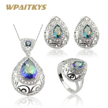 

WPAITKYS Multicolor Blue Rainbow Silver Color Jewelry Sets For Women Hoop Earrings Necklace Pendant Rings Free Gift Box