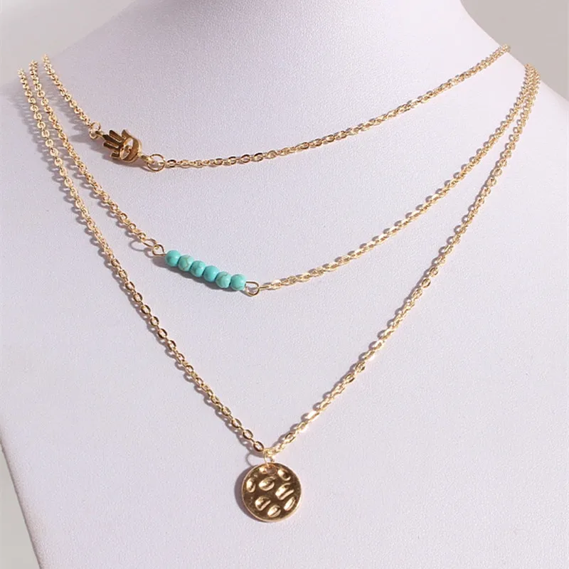 Retro 3 Multi Layer Palm Necklaces Jewelry For Women Bohemian Blue Stone Choker &amp Pendants Collier Femme Accessories | Украшения и