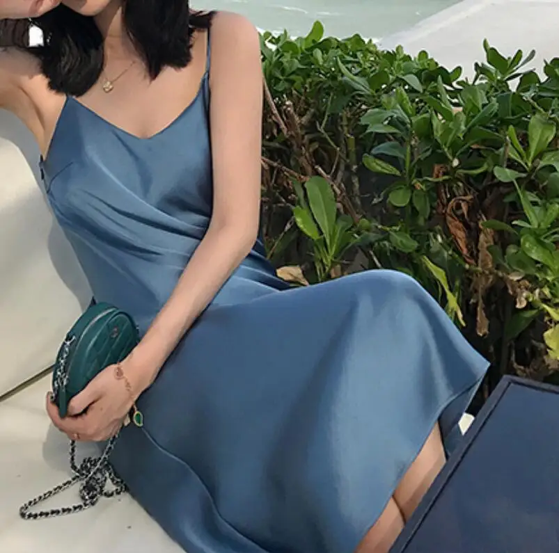 

Summer Women Backless Sexy Ice Silk Smooth Strap Casual Solid Color Sleeveless Beach Party Club Dress