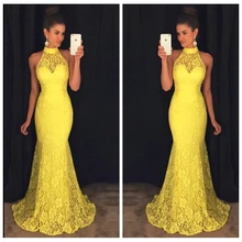 Кружевное желтое вечернее платье русалки с высоким воротом, вечернее длинное платье с коротким шлейфом, облегающее платье без рукавов, Vestidos De Festa