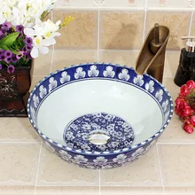 Chino estilo antiguo, Europeo arte lavabo encimera de cerámica lavabo azul y blanco baño cuenco de lavabo de baño