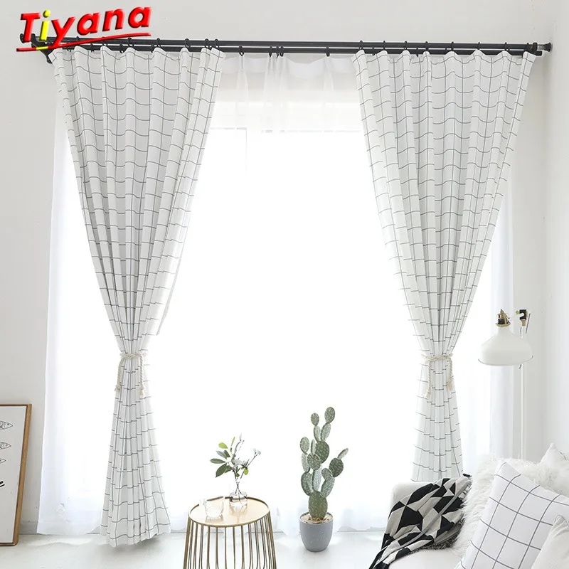 

Modern Simple Plaid Design Black &White Kitchen Curtains Drapes for Living Room Curtains Rideaux Solid White Sheer Tulle Su058d3