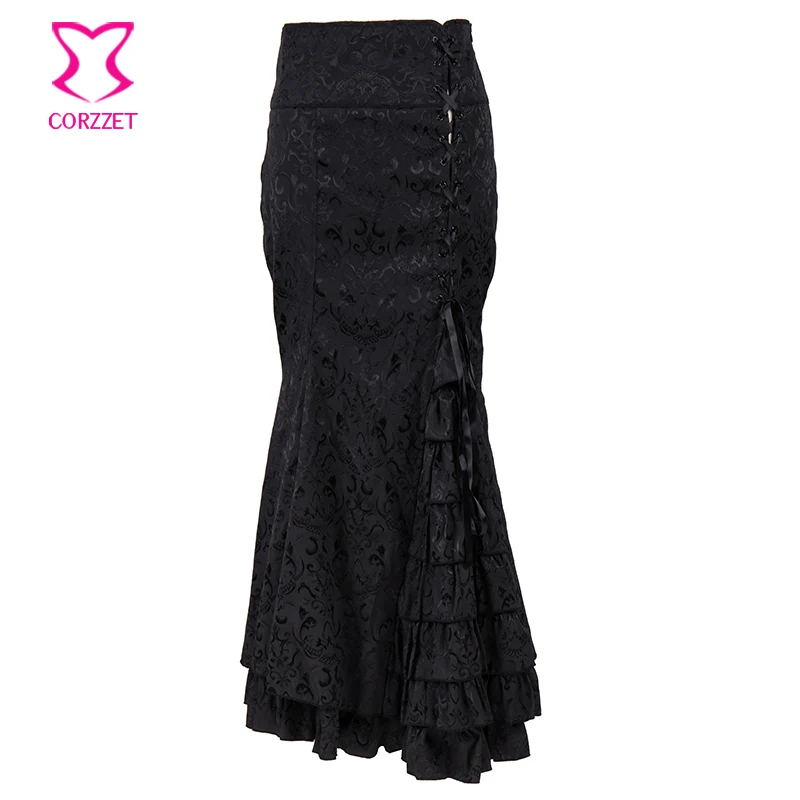 6XL размера плюс черная парча на шнуровке тонкая Длинная Русалочка с рюшами Готическая викторианская юбка стимпанк юбки для женщин соответствующий корсет