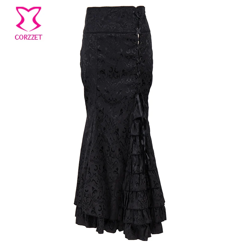 

6XL Plus Size Black Brocade Lace Up Slim Long Mermaid Ruffle Gothic Victorian Skirt Steampunk Skirts For Women Matching Corset